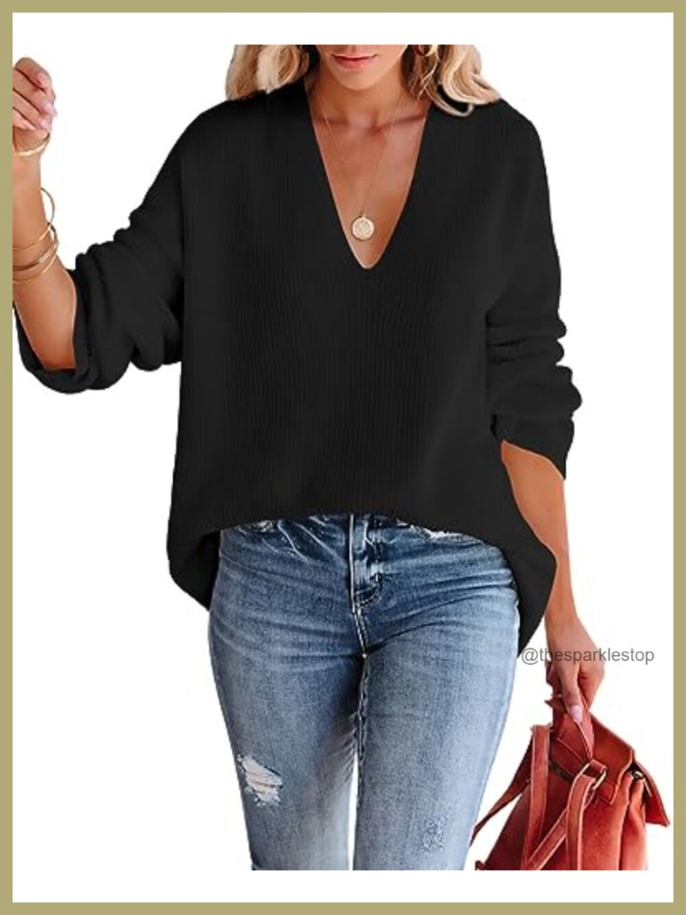 Oversized Deep V-Neck Waffle Knit Sweater Tunic Pullover